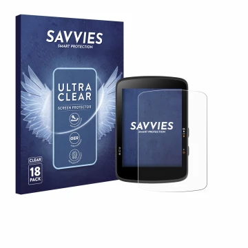 Parte frontal de un envase de producto con el logotipo de la marca Savvies. Al lado se muestra el dispositivo Bryton Rider 17 