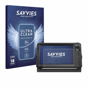 Parte frontal de un envase de producto con el logotipo de la marca Savvies. Al lado se muestra el dispositivo Lowrance Eagle 9