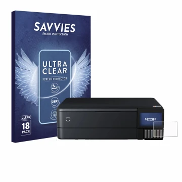 Parte frontal de un envase de producto con el logotipo de la marca Savvies. Al lado se muestra el dispositivo Epson EcoTank ET