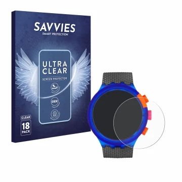 Parte frontal de un envase de producto con el logotipo de la marca Savvies. Al lado se muestra el dispositivo Swatch Neon Part