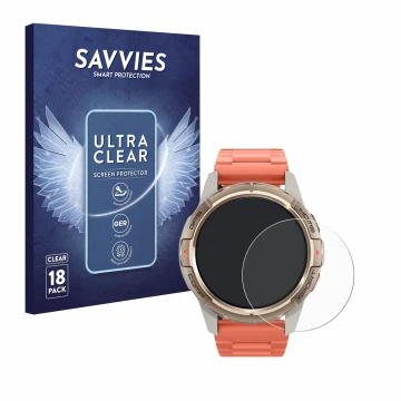 Parte frontal de un envase de producto con el logotipo de la marca Savvies. Al lado se muestra el dispositivo Xiaomi Mibro GS 
