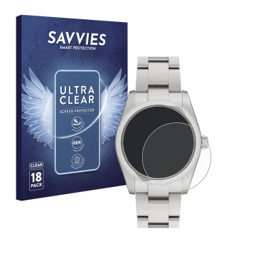 Parte frontal de un envase de producto con el logotipo de la marca Savvies. Al lado se muestra el dispositivo Rolex Oyster Per