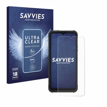 Parte frontal de un envase de producto con el logotipo de la marca Savvies. Al lado se muestra el dispositivo AGM H Max con su