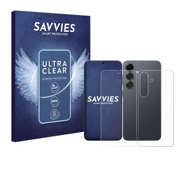Parte frontal de un envase de producto con el logotipo de la marca Savvies. Al lado se muestra el dispositivo Samsung Galaxy S