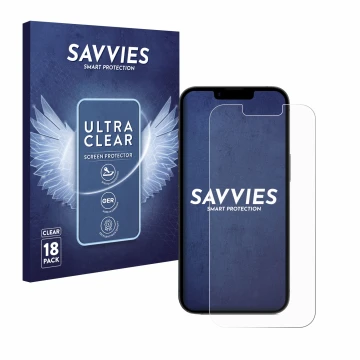 Parte frontal de un envase de producto con el logotipo de la marca Savvies. Al lado se muestra el dispositivo Apple iPhone 16e