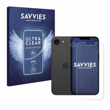 Parte frontal de un envase de producto con el logotipo de la marca Savvies. Al lado se muestra el dispositivo Apple iPhone 16e