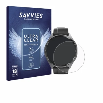 Parte frontal de un envase de producto con el logotipo de la marca Savvies. Al lado se muestra el dispositivo Hama Smartwatch 