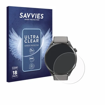Parte frontal de un envase de producto con el logotipo de la marca Savvies. Al lado se muestra el dispositivo Hama Smartwatch 