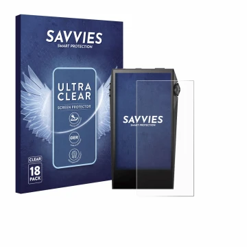 Parte frontal de un envase de producto con el logotipo de la marca Savvies. Al lado se muestra el dispositivo Astell&Kern SP30