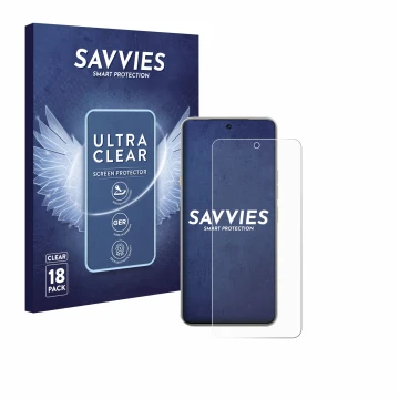 Parte frontal de un envase de producto con el logotipo de la marca Savvies. Al lado se muestra el dispositivo Tecno Camon 40 P