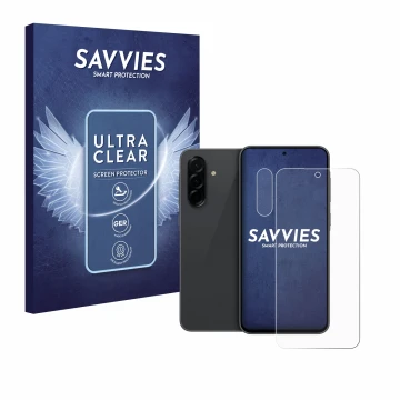 Parte frontal de un envase de producto con el logotipo de la marca Savvies. Al lado se muestra el dispositivo Samsung Galaxy A