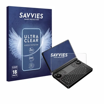 Parte frontal de un envase de producto con el logotipo de la marca Savvies. Al lado se muestra el dispositivo GPD Win Mini (20