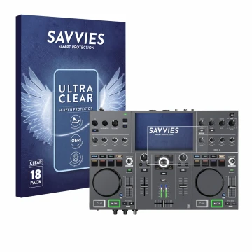 Parte frontal de un envase de producto con el logotipo de la marca Savvies. Al lado se muestra el dispositivo Denon DJ Prime G