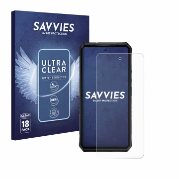 Parte frontal de un envase de producto con el logotipo de la marca Savvies. Al lado se muestra el dispositivo Ulefone Armor 28