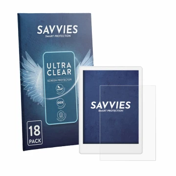 Parte frontal de un envase de producto con el logotipo de la marca Savvies. Al lado se muestra el dispositivo Meebook M8 7.8