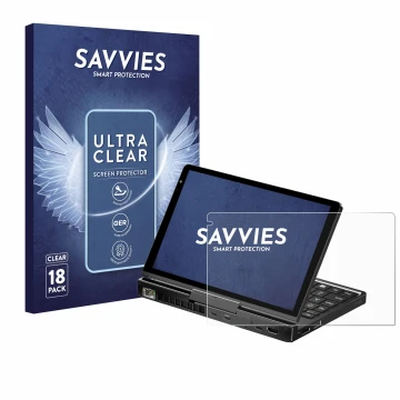 Parte frontal de un envase de producto con el logotipo de la marca Savvies. Al lado se muestra el dispositivo GPD Pocket 4 con