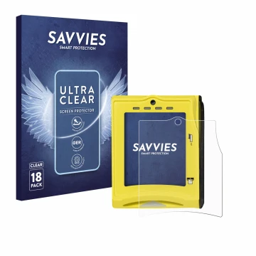 Parte frontal de un envase de producto con el logotipo de la marca Savvies. Al lado se muestra el dispositivo Nayax VPOS TOUCH