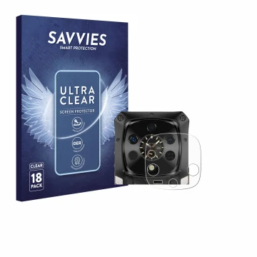 Parte frontal de un envase de producto con el logotipo de la marca Savvies. Al lado se muestra el dispositivo Ulefone Armor 28