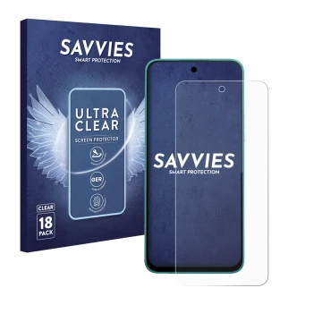 Parte frontal de un envase de producto con el logotipo de la marca Savvies. Al lado se muestra el dispositivo Infinix Note 50x