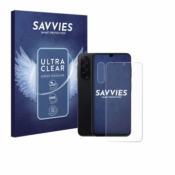 Parte frontal de un envase de producto con el logotipo de la marca Savvies. Al lado se muestra el dispositivo Samsung Galaxy A