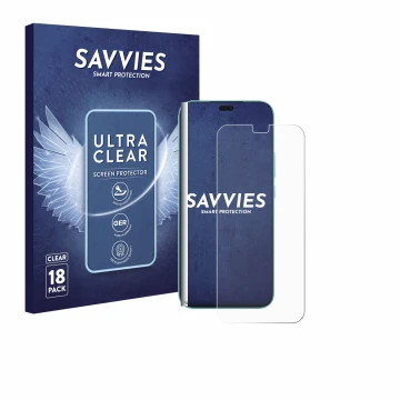 Parte frontal de un envase de producto con el logotipo de la marca Savvies. Al lado se muestra el dispositivo Honor 400 Lite c