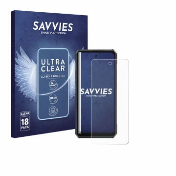 Parte frontal de un envase de producto con el logotipo de la marca Savvies. Al lado se muestra el dispositivo Ulefone Armor 30