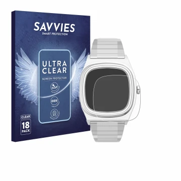 Parte frontal de un envase de producto con el logotipo de la marca Savvies. Al lado se muestra el dispositivo Timex Reissue 19