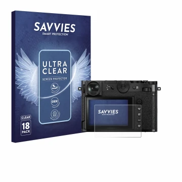 Parte frontal de un envase de producto con el logotipo de la marca Savvies. Al lado se muestra el dispositivo Fujifilm GFX 100