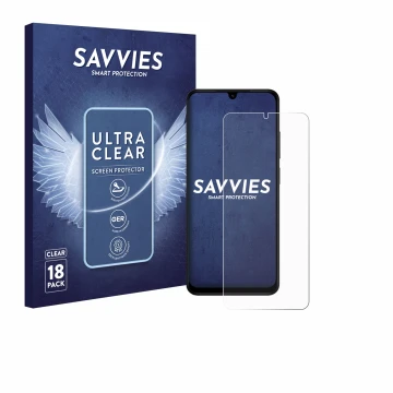 Parte frontal de un envase de producto con el logotipo de la marca Savvies. Al lado se muestra el dispositivo Xiaomi Redmi A5 