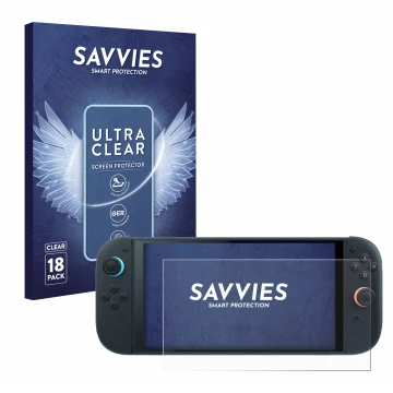 Parte frontal de un envase de producto con el logotipo de la marca Savvies. Al lado se muestra el dispositivo Nintendo Switch 