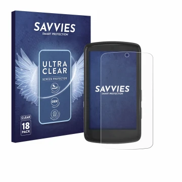 Parte frontal de un envase de producto con el logotipo de la marca Savvies. Al lado se muestra el dispositivo Bryton Rider S81