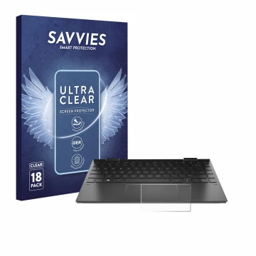 Parte frontal de un envase de producto con el logotipo de la marca Savvies. Al lado se muestra el dispositivo HP Envy x360 (13