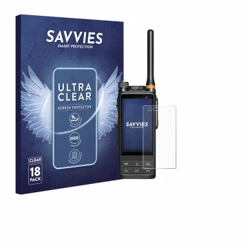Parte frontal de un envase de producto con el logotipo de la marca Savvies. Al lado se muestra el dispositivo Hytera PDC680 co