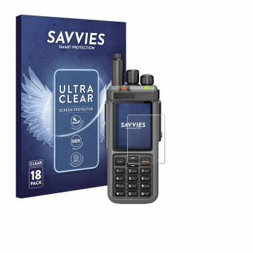 Parte frontal de un envase de producto con el logotipo de la marca Savvies. Al lado se muestra el dispositivo Radtel RT-880 co