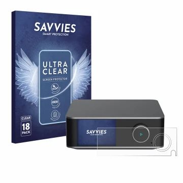 Parte frontal de un envase de producto con el logotipo de la marca Savvies. Al lado se muestra el dispositivo WiiM Ultra con s