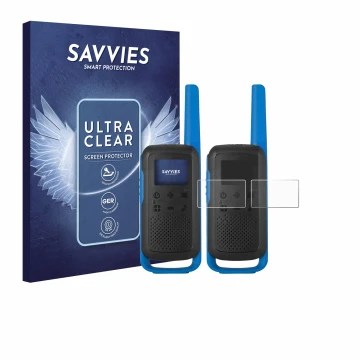 Parte frontal de un envase de producto con el logotipo de la marca Savvies. Al lado se muestra el dispositivo Motorola TALKABO
