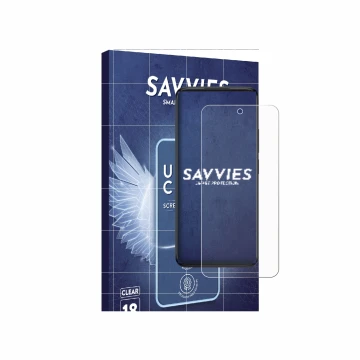Parte frontal de un envase de producto con el logotipo de la marca Savvies. Al lado se muestra el dispositivo TCL 60 5G con su