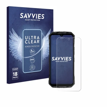 Parte frontal de un envase de producto con el logotipo de la marca Savvies. Al lado se muestra el dispositivo Doogee V Max S c