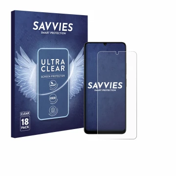 Parte frontal de un envase de producto con el logotipo de la marca Savvies. Al lado se muestra el dispositivo Doogee Note 59 P