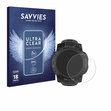 Parte frontal de un envase de producto con el logotipo de la marca Savvies. Al lado se muestra el dispositivo Garmin Instinct 