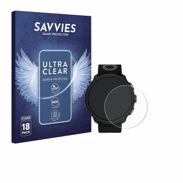 Parte frontal de un envase de producto con el logotipo de la marca Savvies. Al lado se muestra el dispositivo Suunto Run con s