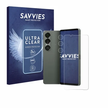 Parte frontal de un envase de producto con el logotipo de la marca Savvies. Al lado se muestra el dispositivo Sony Xperia 1 VI