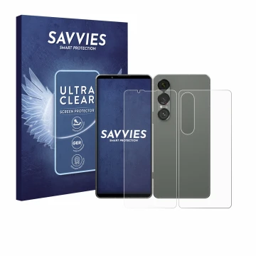 Parte frontal de un envase de producto con el logotipo de la marca Savvies. Al lado se muestra el dispositivo Sony Xperia 1 VI