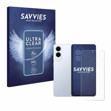 Parte frontal de un envase de producto con el logotipo de la marca Savvies. Al lado se muestra el dispositivo Samsung Galaxy S