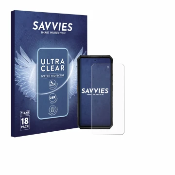Parte frontal de un envase de producto con el logotipo de la marca Savvies. Al lado se muestra el dispositivo Ulefone Armor 28