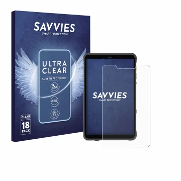 Parte frontal de un envase de producto con el logotipo de la marca Savvies. Al lado se muestra el dispositivo Ulefone Armor Pa