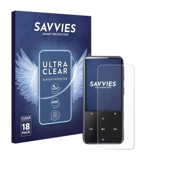 Parte frontal de un envase de producto con el logotipo de la marca Savvies. Al lado se muestra el dispositivo AGPtek M3 con su