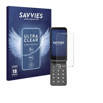 Parte frontal de un envase de producto con el logotipo de la marca Savvies. Al lado se muestra el dispositivo Doro Aurora A20 