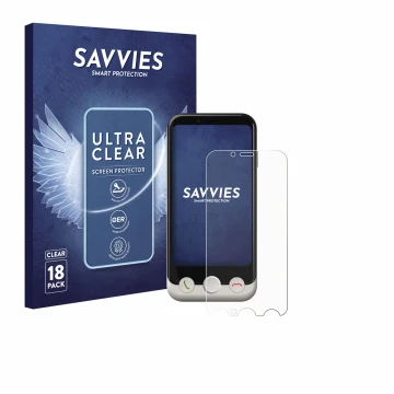 Parte frontal de un envase de producto con el logotipo de la marca Savvies. Al lado se muestra el dispositivo Doro Aurora A10 