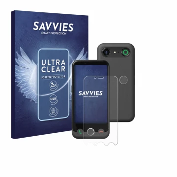 Parte frontal de un envase de producto con el logotipo de la marca Savvies. Al lado se muestra el dispositivo Doro Aurora A10 
